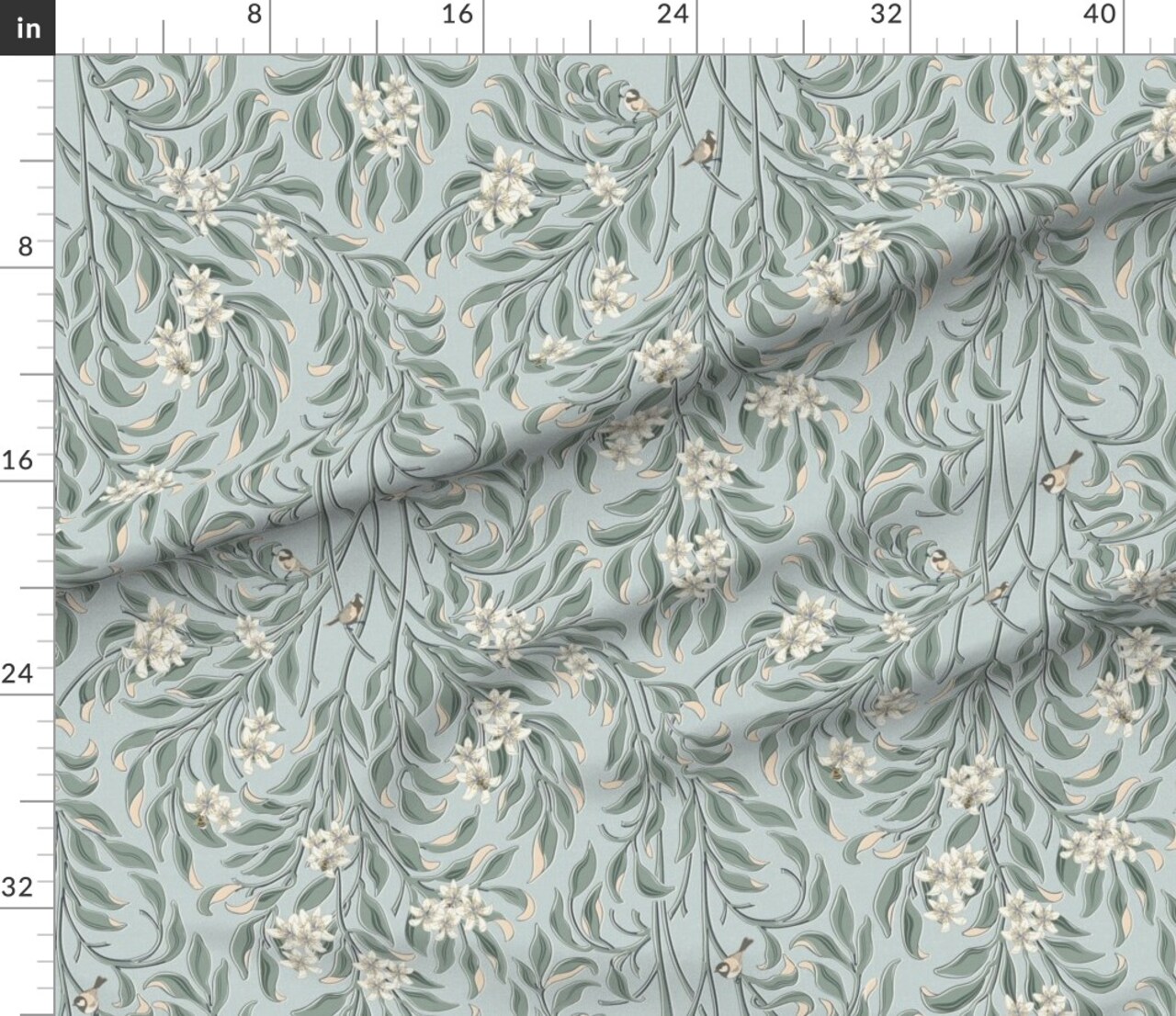 Blue Botanical Bird Traditional Pastel Vines White Floral Arts And Crafts Historical Timeless Custom Printed Fabric by Spoonflower Various Fabrics by the Yard or Fat Quarter
